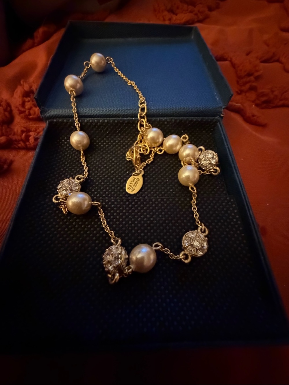 Nolan Miller Gold Pearl and Crystal Station Necklace